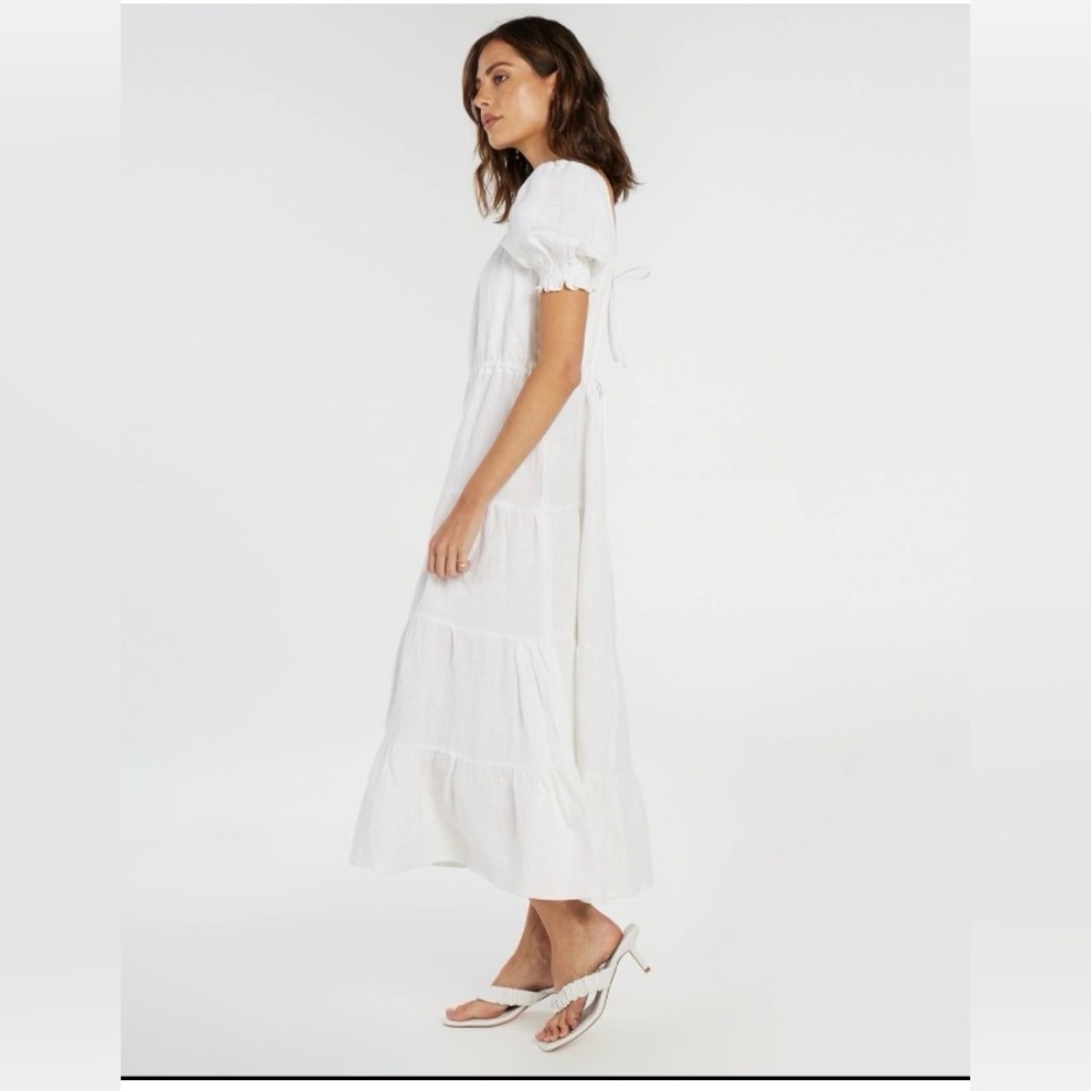 AERE Double Tie Back Short Sleeve Tier 100% Linen White Midi Dress Size 8 - Picture 2 of 11